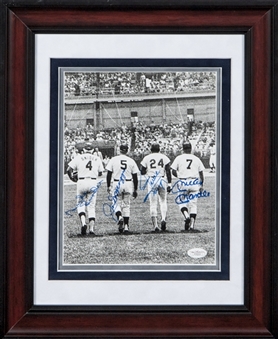 New York Hall of Fame Centerfielders Multi-Signed B&W Framed 8 x 10 Photograph - DiMaggio, Mays, Snider and Mantle (JSA)
